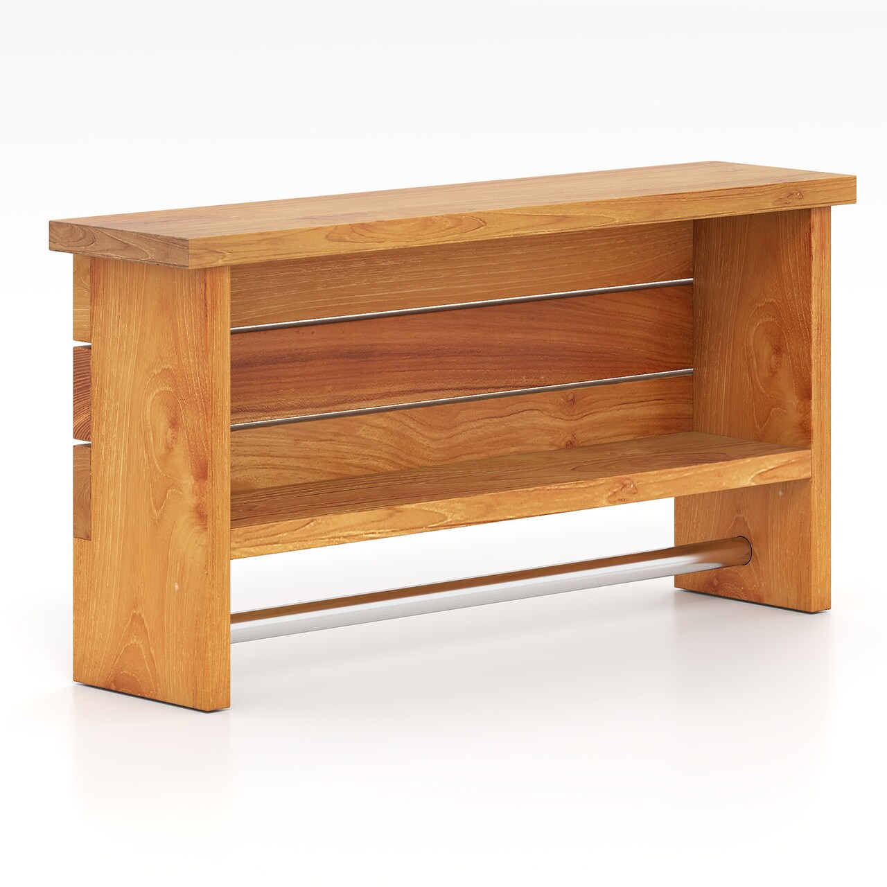 Wall-Mount Teak Wood Bathroom Shelf with 2 Tiers and Towel Bar